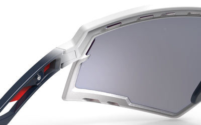 Rudy Project Defender sunglasses showing safety hinge and protective rubber lens bumper