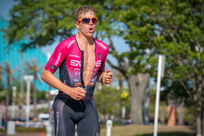 Rudy Project Propulse sunglasses worn by professional triathlete Sam Long while competing in run segment of an Ironman triathlon