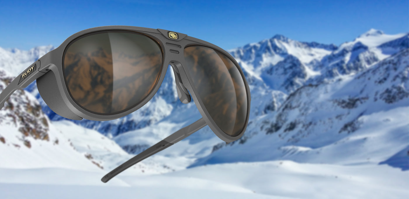Rudy Project Stardash sunglasses with high altitude lenses against a snowy, mountain background