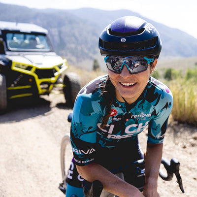 Rudy Project Cutline sunglasses and Nytron aero road helmet worn by CINCH team female gravel cyclist