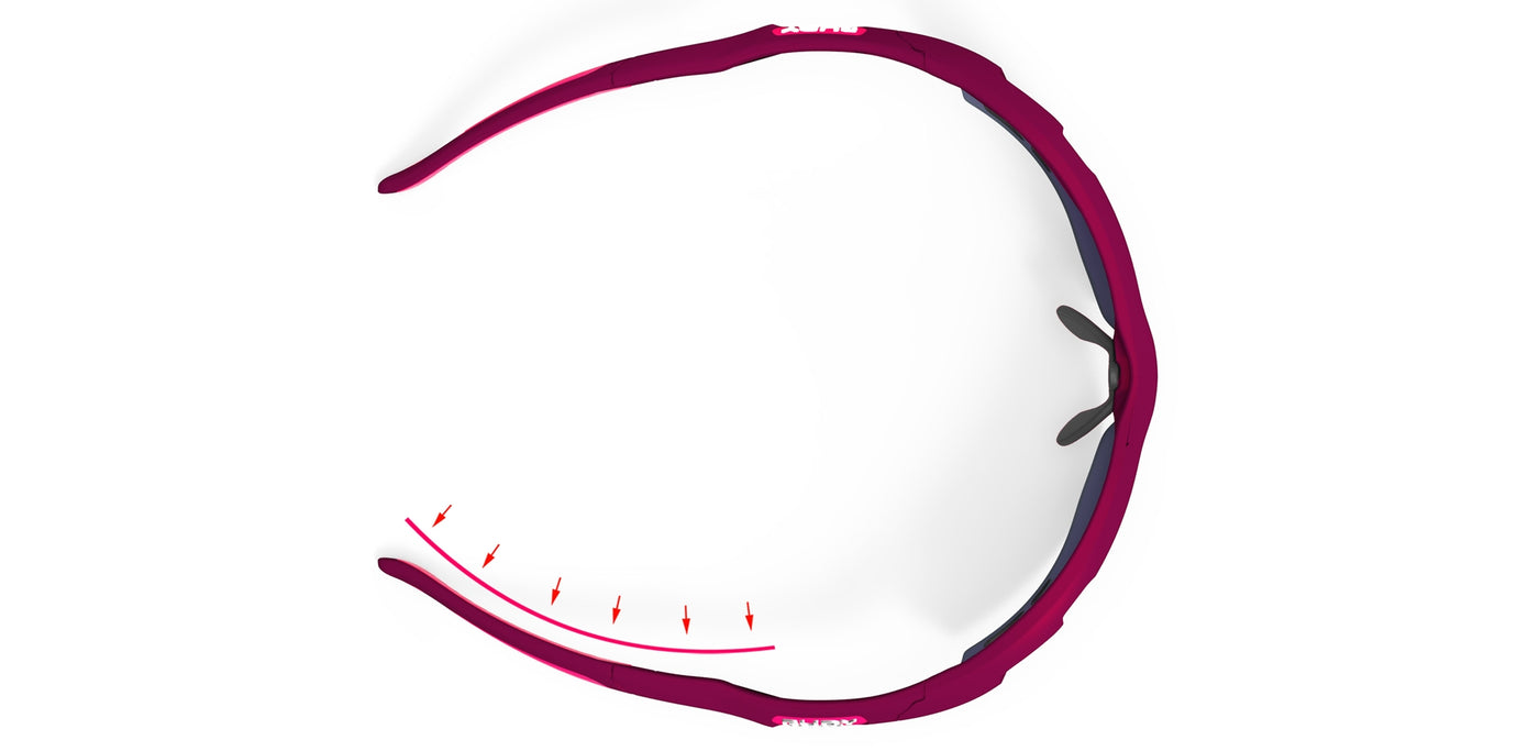 Rudy Project Propulse sunglasses viewed from above to show wraparound shape to enhance lightweight, comfortable, non-slip fit during sports