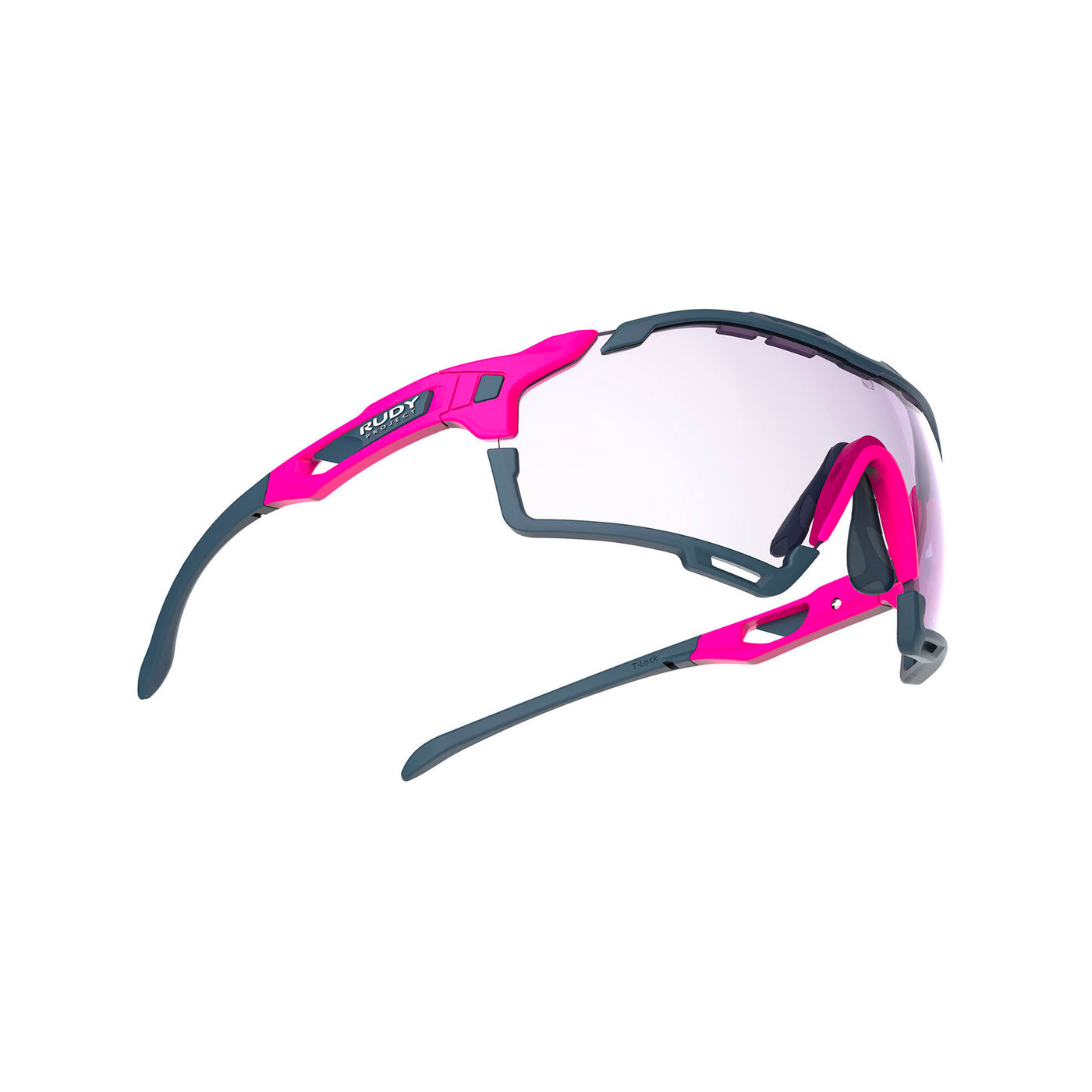 Rudy Project running and cycling prescription sport shield sunglasses#color_cutline-pink-fluo-matte-frame-with-impactx-photochromic-2-laser-purple-lenses-blue-bumpers