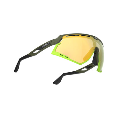 Rudy Project running and cycling sport sunglasses#color_defender-olive-matte-frame-with-multilaser-yellow-lenses-lime-bumpers