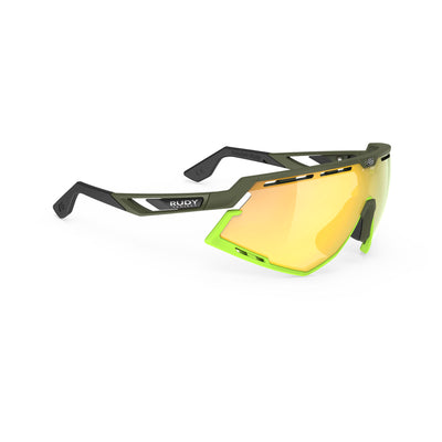 Rudy Project running and cycling sport sunglasses#color_defender-olive-matte-frame-with-multilaser-yellow-lenses-lime-bumpers