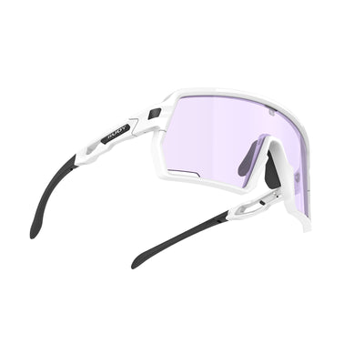 Rudy Project Kelion running, cycling, gravel and mountain biking sport shield prescription sunglasses#color_kelion-white-gloss-frame-with-impactx-photochromic-2-laser-purple-lenses