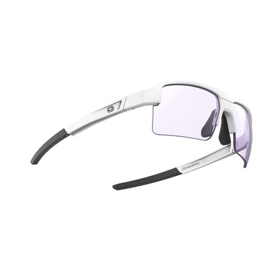 Rudy Project Sirius high-performance sport prescription sunglasses great for running, cycling, gravel biking, mountain biking, golf, tennis and pickleball#color_sirius-white-gloss-with-impactx-photochromic-2-laser-purple-lenses