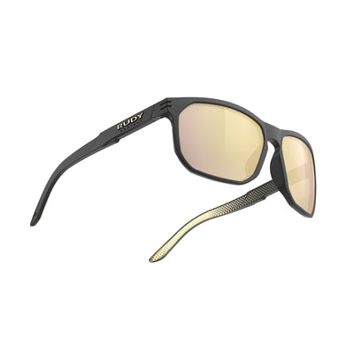Rudy Project Soundrise lifestyle and beach prescription sunglasses#color_soundrise-black-matte-ice-gold-pattern-with-multilaser-gold-lenses