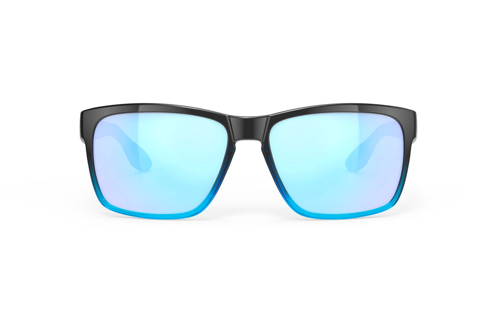 Rudy Project Spinhawk Edge active lifestyle sunglasses or prescription sunglasses are perfect for the beach, boating, fishing and any other outdoor activity#color_spinhawk-edge-black-fade-crystal-azur-gloss-with-multilaser-ice-lenses