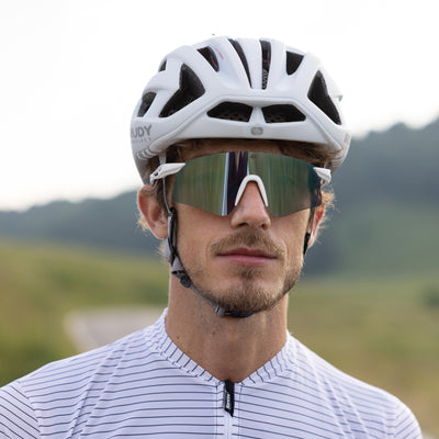 Rudy Project Astral running, cycling, gravel and mountain biking sport shield prescription sunglasses#color_astral-metal-titanium-matte-frame-with-multilaser-sunset-lenses