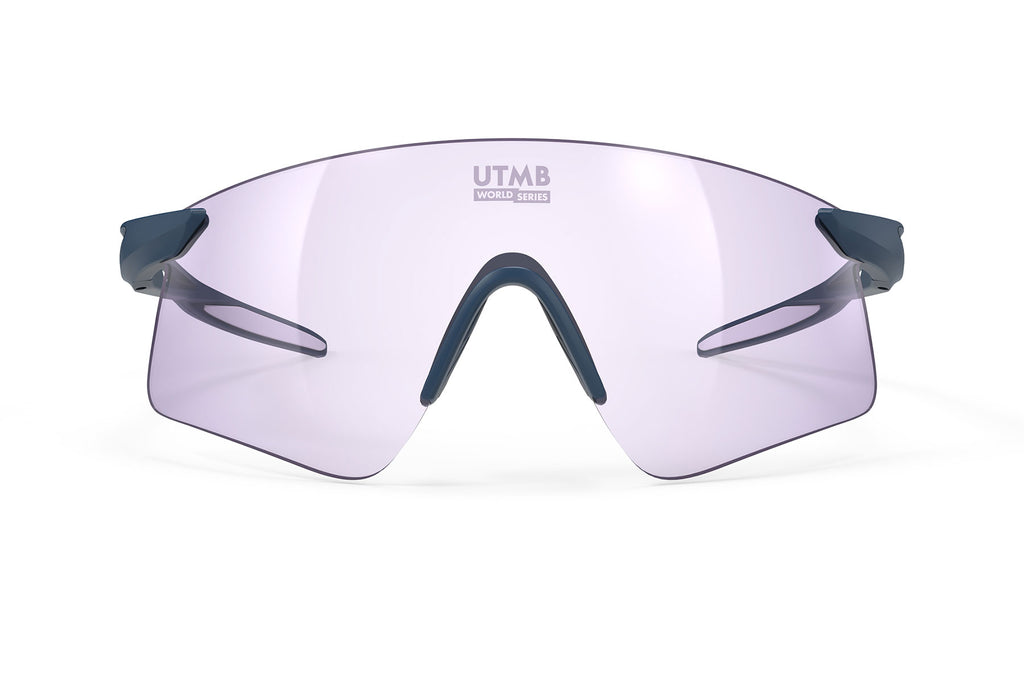Rudy Project Astral Sphere UTMB sport shield photochromic sunglasses are perfect for running, cycling, gravel and mountain biking, pickleball, tennis and any outdoor sport that demands the best#color_astral-sphere-utmb-blue-navy-matte-frame-with-impactx-photochromic-2-laser-purple-lenses
