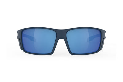 Rudy Project Nyad sport sunglasses are perfect for all outdoor activities including running, cycling, gravel biking, mountain biking, golf and pickleball and they're prescription ready#color_nyad-blue-navy-matte-frame-with-polar-3fx-hdr-multilaser-blue-lenses