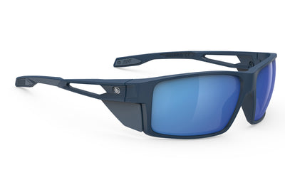 Rudy Project Nyad sport sunglasses are perfect for all outdoor activities including running, cycling, gravel biking, mountain biking, golf and pickleball and they're prescription ready#color_nyad-blue-navy-matte-frame-with-polar-3fx-hdr-multilaser-blue-lenses