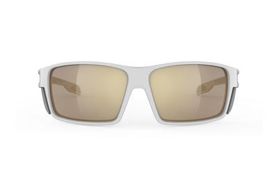 Rudy Project Nyad sport sunglasses are perfect for all outdoor activities including running, cycling, gravel biking, mountain biking, golf and pickleball and they're prescription ready#color_nyad-white-matte-frame-with-impactx-photochromic-2-laser-crimson-lenses