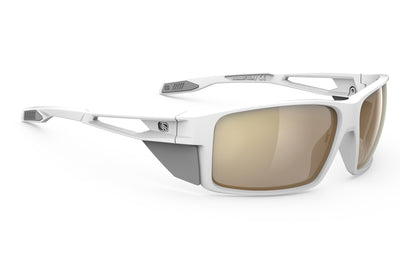 Rudy Project Nyad sport sunglasses are perfect for all outdoor activities including running, cycling, gravel biking, mountain biking, golf and pickleball and they're prescription ready#color_nyad-white-matte-frame-with-impactx-photochromic-2-laser-crimson-lenses