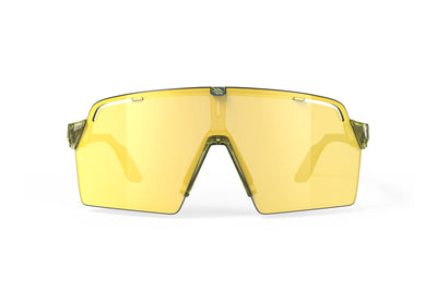 Rudy Project Spinshield Pro all-sport shield sunglasses are perfect for any outdoor activities including running, cycling, gravel biking, mountain biking, boating, golf and pickleball#color_spinshield-pro-crystal-apple-avio-frame-with-multilaser-yellow-lenses