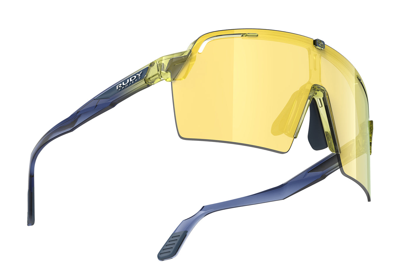 Rudy Project Spinshield Pro all-sport shield sunglasses are perfect for any outdoor activities including running, cycling, gravel biking, mountain biking, boating, golf and pickleball#color_spinshield-pro-crystal-apple-avio-frame-with-multilaser-yellow-lenses