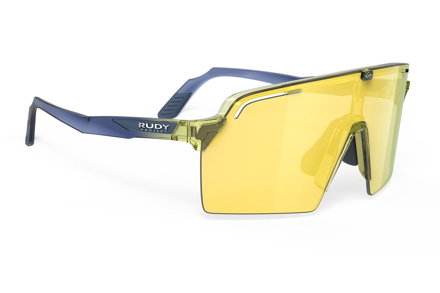 Rudy Project Spinshield Pro all-sport shield sunglasses are perfect for any outdoor activities including running, cycling, gravel biking, mountain biking, boating, golf and pickleball#color_spinshield-pro-crystal-apple-avio-frame-with-multilaser-yellow-lenses