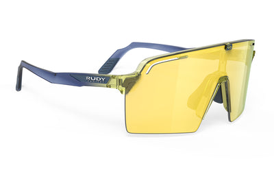 Rudy Project Spinshield Pro all-sport shield sunglasses are perfect for any outdoor activities including running, cycling, gravel biking, mountain biking, boating, golf and pickleball#color_spinshield-pro-crystal-apple-avio-frame-with-multilaser-yellow-lenses