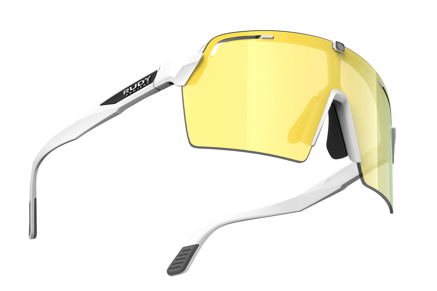 Rudy Project Spinshield Pro all-sport shield sunglasses are perfect for any outdoor activities including running, cycling, gravel biking, mountain biking, boating, golf and pickleball#color_spinshield-pro-white-matte-frame-with-multilaser-yellow-lenses