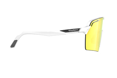 Rudy Project Spinshield Pro all-sport shield sunglasses are perfect for any outdoor activities including running, cycling, gravel biking, mountain biking, boating, golf and pickleball#color_spinshield-pro-white-matte-frame-with-multilaser-yellow-lenses