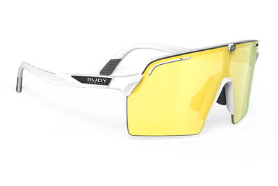 Rudy Project Spinshield Pro all-sport shield sunglasses are perfect for any outdoor activities including running, cycling, gravel biking, mountain biking, boating, golf and pickleball#color_spinshield-pro-white-matte-frame-with-multilaser-yellow-lenses