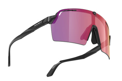 Rudy Project Spinshield Pro all-sport shield sunglasses are perfect for any outdoor activities including running, cycling, gravel biking, mountain biking, boating, golf and pickleball#color_spinshield-pro-black-gloss-frame-with-multilaser-red-lenses