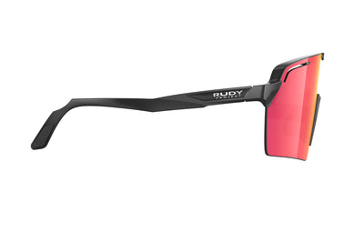 Rudy Project Spinshield Pro all-sport shield sunglasses are perfect for any outdoor activities including running, cycling, gravel biking, mountain biking, boating, golf and pickleball#color_spinshield-pro-black-gloss-frame-with-multilaser-red-lenses