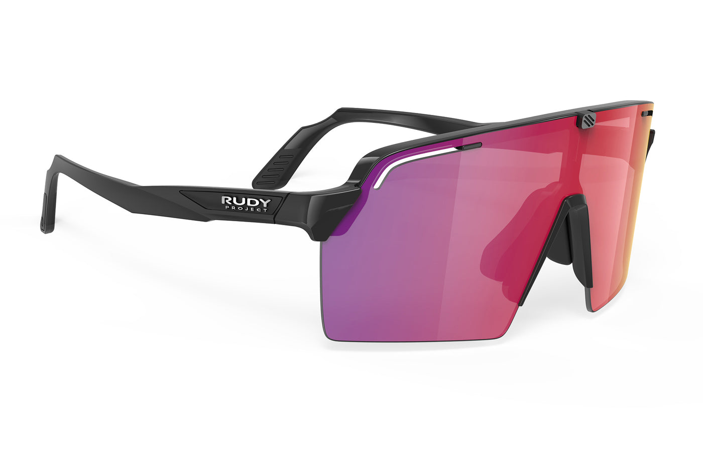 Rudy Project Spinshield Pro all-sport shield sunglasses are perfect for any outdoor activities including running, cycling, gravel biking, mountain biking, boating, golf and pickleball#color_spinshield-pro-black-gloss-frame-with-multilaser-red-lenses