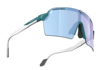 Rudy Project Spinshield Pro all-sport shield sunglasses are perfect for any outdoor activities including running, cycling, gravel biking, mountain biking, boating, golf and pickleball#color_spinshield-pro-teal-matte-frame-with-multilaser-ice-lenses