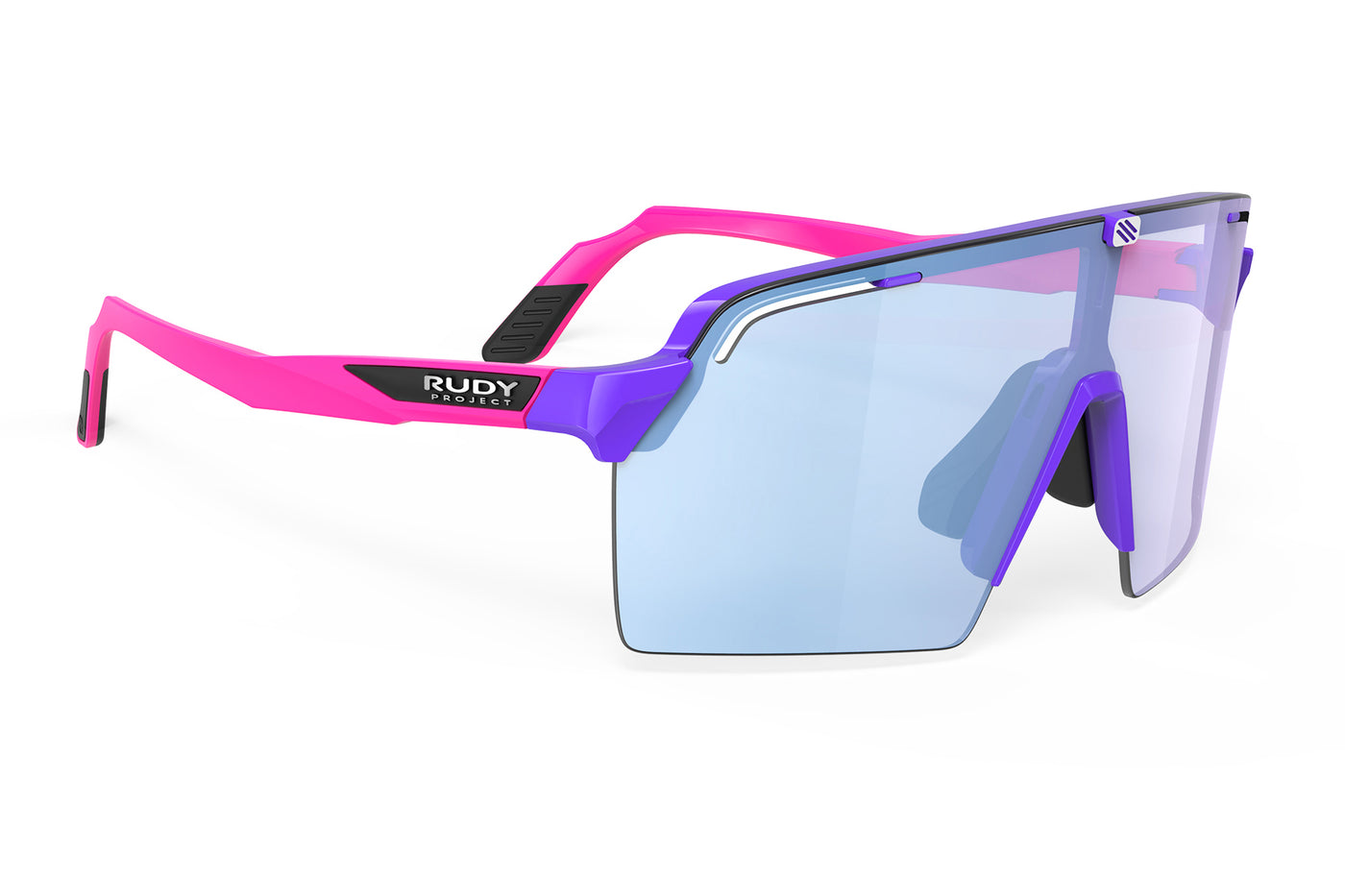 Rudy Project Spinshield Pro Limited Edition 40th Anniversary all-sport shield sunglasses are perfect for any outdoor activities including running, cycling, gravel biking, mountain biking, boating, golf and pickleball#color_spinshield-pro-40th-anniversary-violet-gloss-frame-with-multilaser-ice-lenses