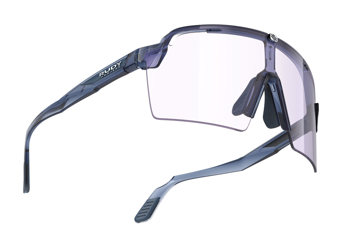 Rudy Project Spinshield Pro all-sport shield sunglasses are perfect for any outdoor activities including running, cycling, gravel biking, mountain biking, boating, golf and pickleball#color_spinshield-pro-crystal-avio-gloss-frame-with-impactx-photochromic-2-laser-purple-lenses