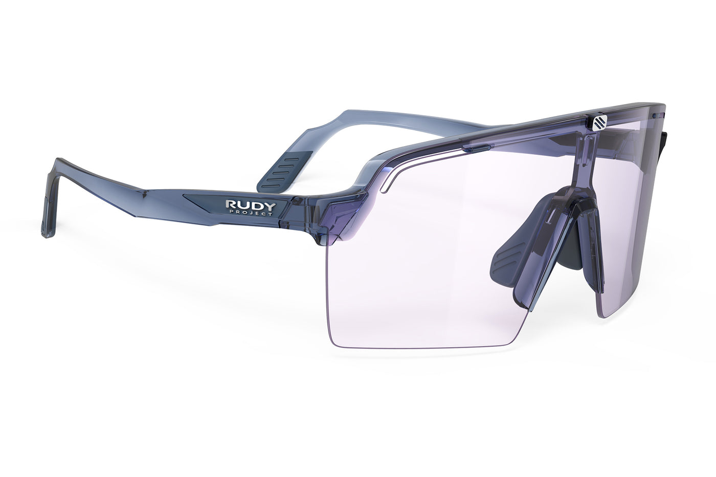 Rudy Project Spinshield Pro all-sport shield sunglasses are perfect for any outdoor activities including running, cycling, gravel biking, mountain biking, boating, golf and pickleball#color_spinshield-pro-crystal-avio-gloss-frame-with-impactx-photochromic-2-laser-purple-lenses