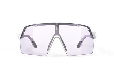 Rudy Project Spinshield Pro all-sport shield sunglasses are perfect for any outdoor activities including running, cycling, gravel biking, mountain biking, boating, golf and pickleball#color_spinshield-pro-white-gloss-frame-with-impactx-photochromic-2-laser-purple-lenses