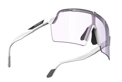 Rudy Project Spinshield Pro all-sport shield sunglasses are perfect for any outdoor activities including running, cycling, gravel biking, mountain biking, boating, golf and pickleball#color_spinshield-pro-white-gloss-frame-with-impactx-photochromic-2-laser-purple-lenses