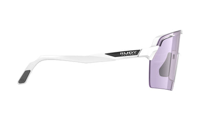 Rudy Project Spinshield Pro all-sport shield sunglasses are perfect for any outdoor activities including running, cycling, gravel biking, mountain biking, boating, golf and pickleball#color_spinshield-pro-white-gloss-frame-with-impactx-photochromic-2-laser-purple-lenses