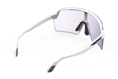 Rudy Project Spinshield Pro all-sport shield sunglasses are perfect for any outdoor activities including running, cycling, gravel biking, mountain biking, boating, golf and pickleball#color_spinshield-pro-white-gloss-frame-with-impactx-photochromic-2-laser-purple-lenses