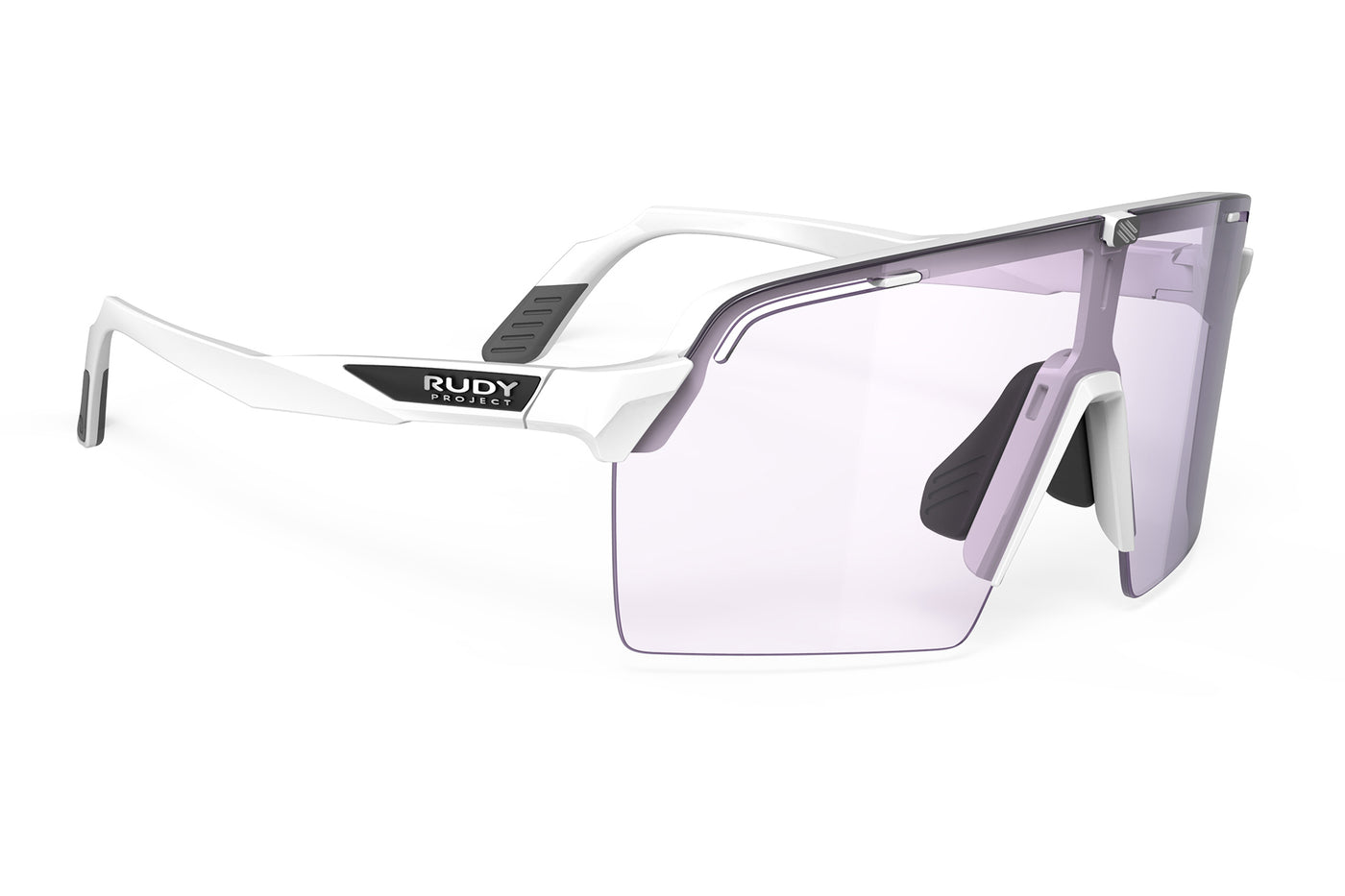 Rudy Project Spinshield Pro all-sport shield sunglasses are perfect for any outdoor activities including running, cycling, gravel biking, mountain biking, boating, golf and pickleball#color_spinshield-pro-white-gloss-frame-with-impactx-photochromic-2-laser-purple-lenses