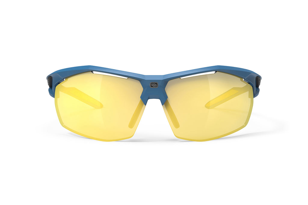 Rudy Project Sydus sport sunglasses are perfect for all outdoor activities including running, cycling, gravel biking, mountain biking, golf and pickleball and they're prescription ready#color_sydus-pacific-blue-matte-frame-with-multilaser-yellow-lenses