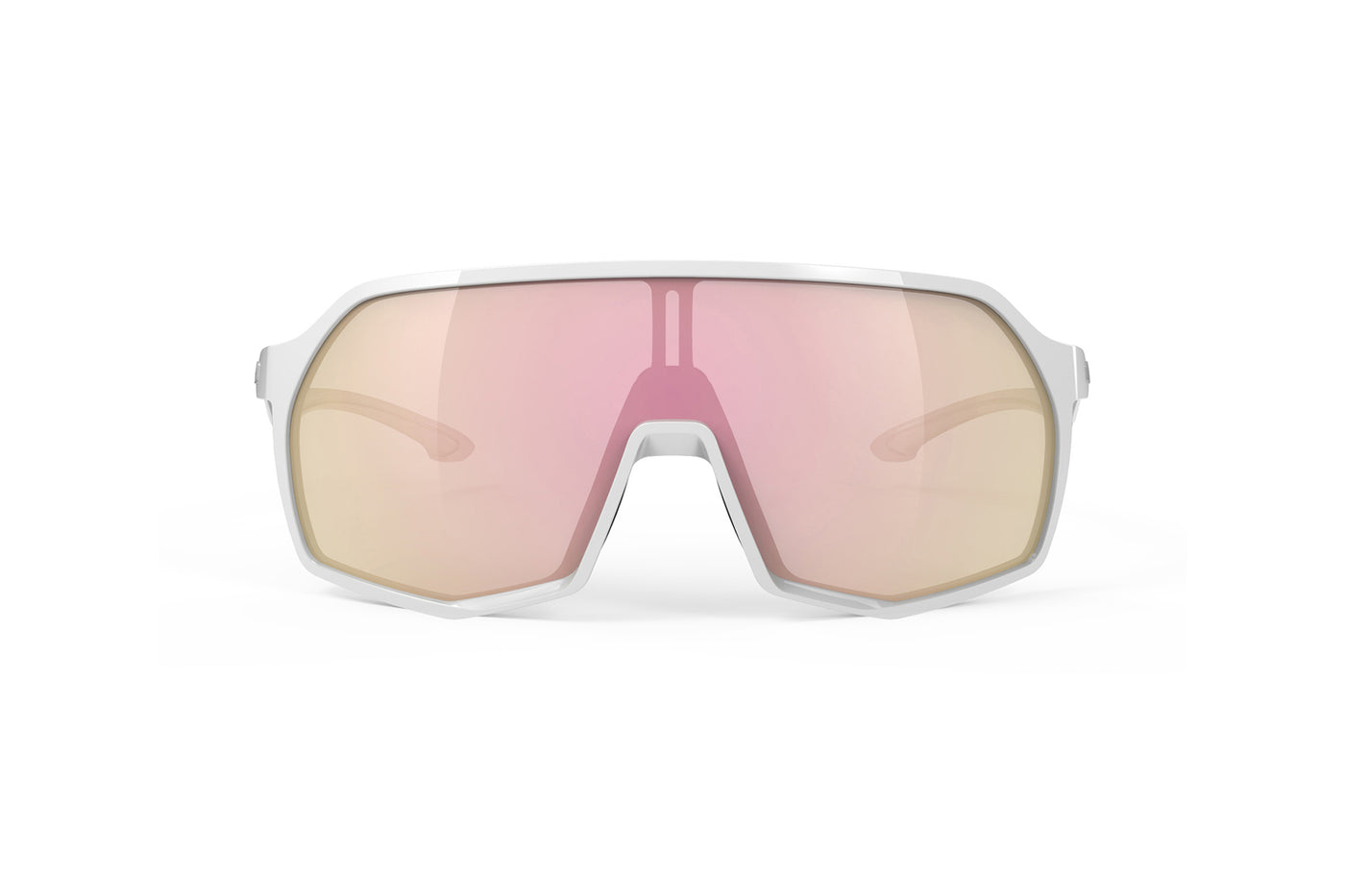 Rudy Project Thunder all-sport shield sunglasses are perfect for any outdoor activities including running, cycling, gravel biking, mountain biking, boating, golf and pickleball#color_thunder-white-gloss-frame-with-multilaser-rose-gold-lenses