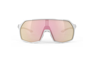 Rudy Project Thunder all-sport shield sunglasses are perfect for any outdoor activities including running, cycling, gravel biking, mountain biking, boating, golf and pickleball#color_thunder-white-gloss-frame-with-multilaser-rose-gold-lenses