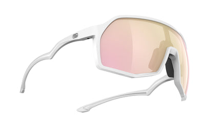 Rudy Project Thunder all-sport shield sunglasses are perfect for any outdoor activities including running, cycling, gravel biking, mountain biking, boating, golf and pickleball#color_thunder-white-gloss-frame-with-multilaser-rose-gold-lenses
