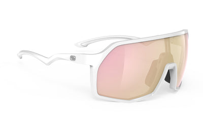 Rudy Project Thunder all-sport shield sunglasses are perfect for any outdoor activities including running, cycling, gravel biking, mountain biking, boating, golf and pickleball#color_thunder-white-gloss-frame-with-multilaser-rose-gold-lenses