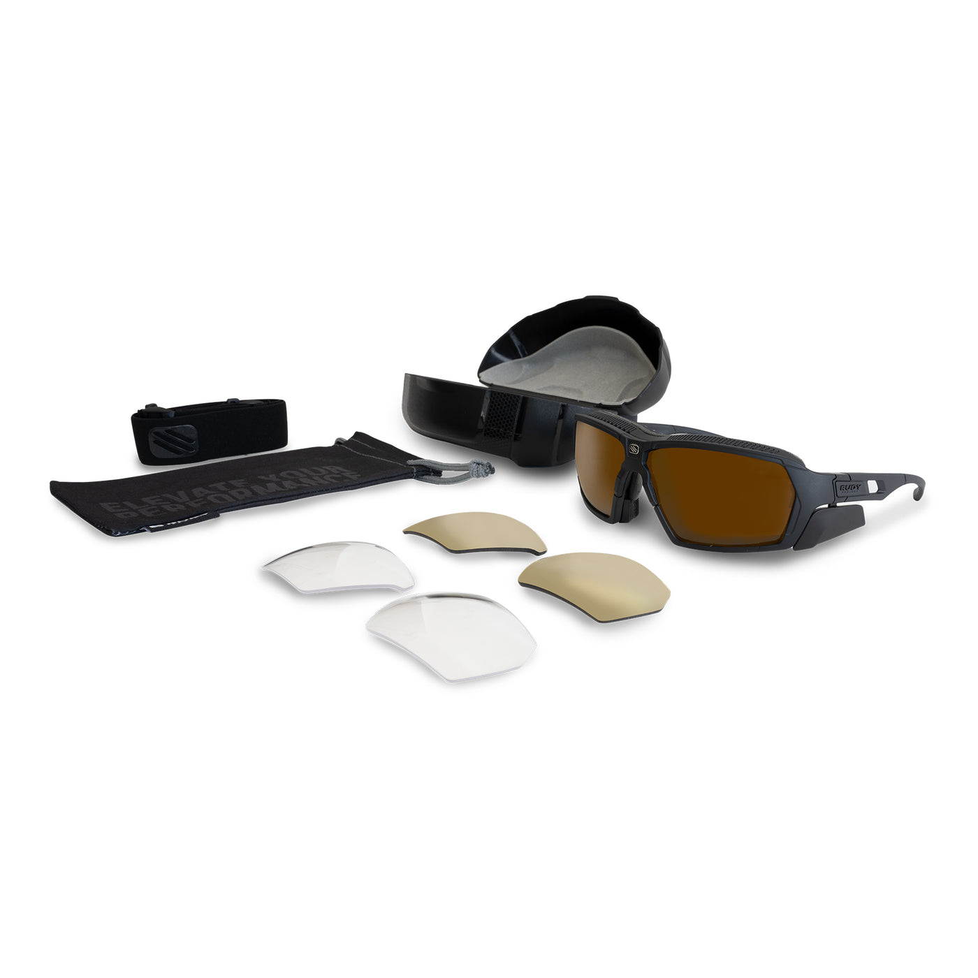 Rudy Project prescription hiking and glacier sport sunglasses#color_agent-q-matte-black-with-hi-altitude-and-multilaser-gold-and-transparent-lenses
