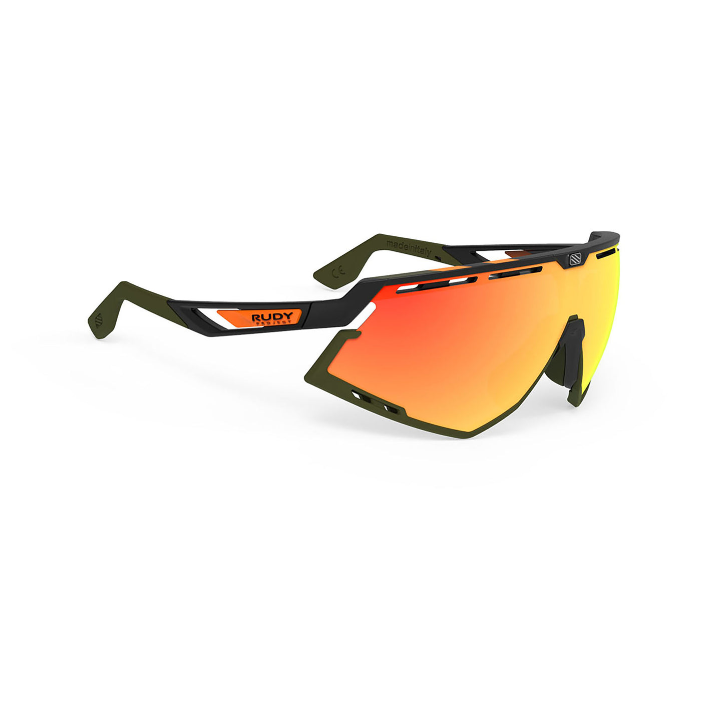 Rudy Project running and cycling sport sunglasses#color_defender-matte-black-frame-and-multilaser-orange-lenses-olive-orange-stripes-bumpers