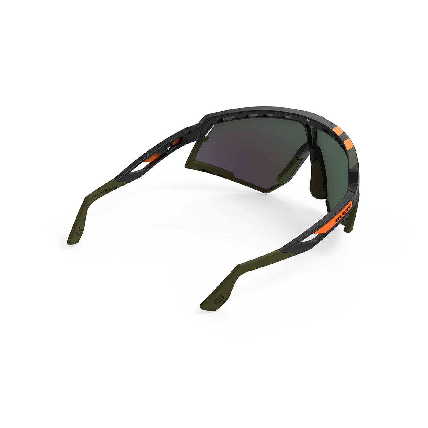 Rudy Project running and cycling sport sunglasses#color_defender-matte-black-frame-and-multilaser-orange-lenses-olive-orange-stripes-bumpers