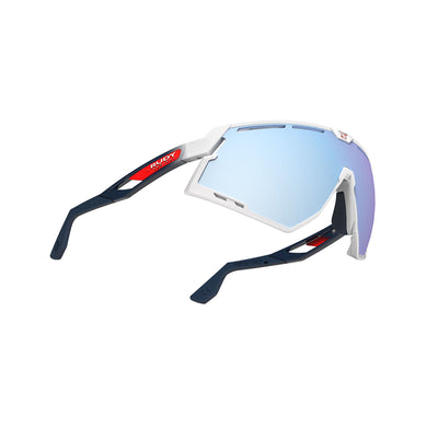 Rudy Project running and cycling sport sunglasses#color_defender-white-gloss-frame-and-multilaser-ice-lenses-fade-blue-red-stripes-bumpers