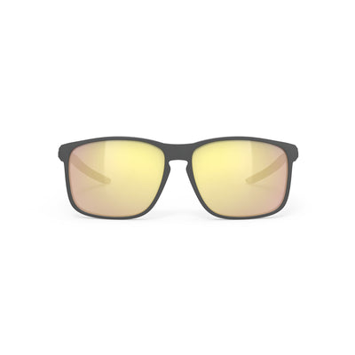 Rudy Project lifestyle and beach prescription sunglasses#color_overlap-charcoal-matte-frame-with-multilaser-gold-lenses