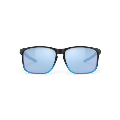 Rudy Project lifestyle and beach prescription sunglasses#color_overlap-black-fade-crystal-azur-gloss-frame-with-multilaser-ice-lenses
